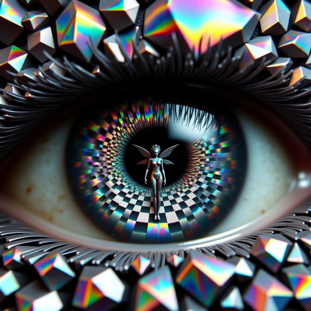 Surreal Eye with Iridescent Checkered Pattern and Biomechani...