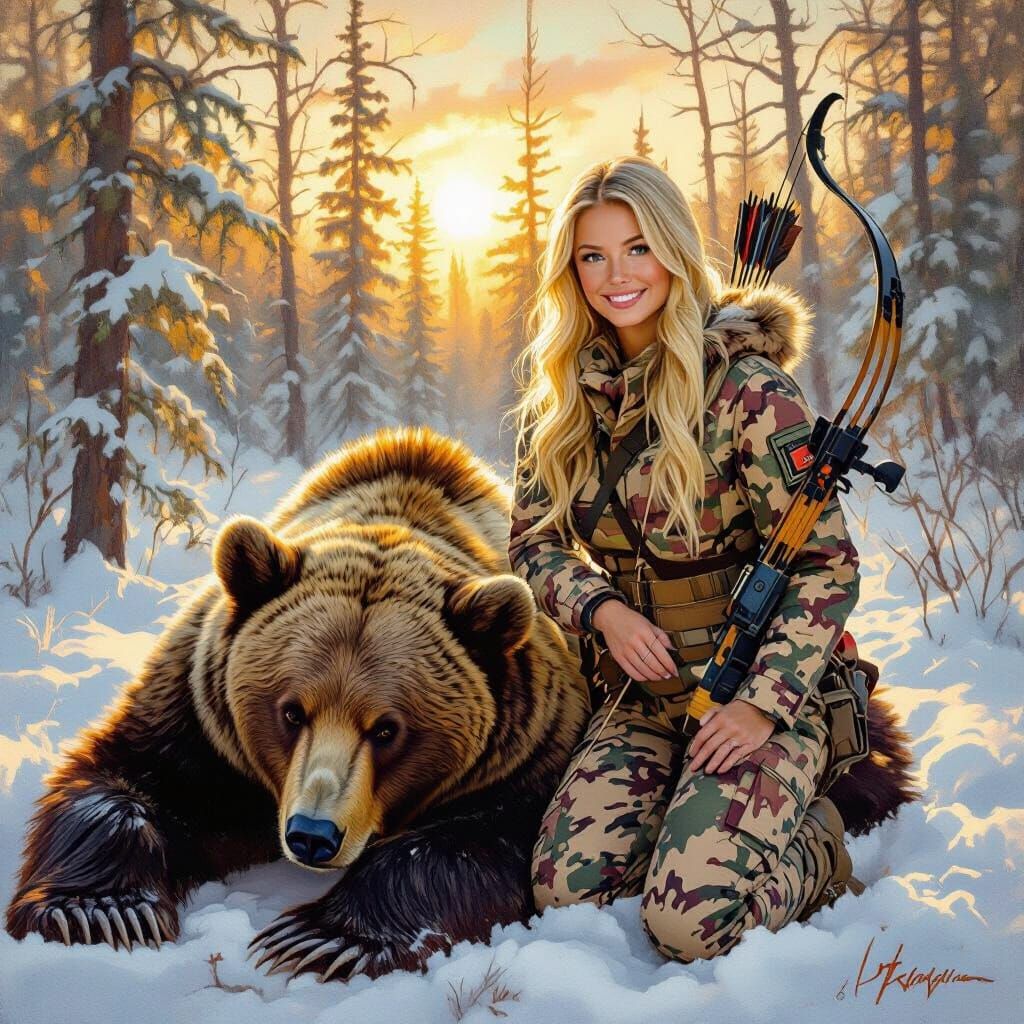 Young Hunter Poses Proudly with Bear in Snowy Forest