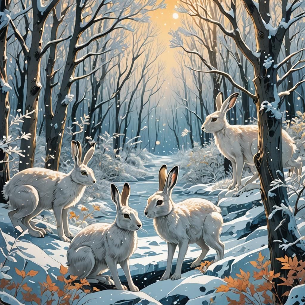 Arctic Hares Play in Enchanting Manga Ice Forest