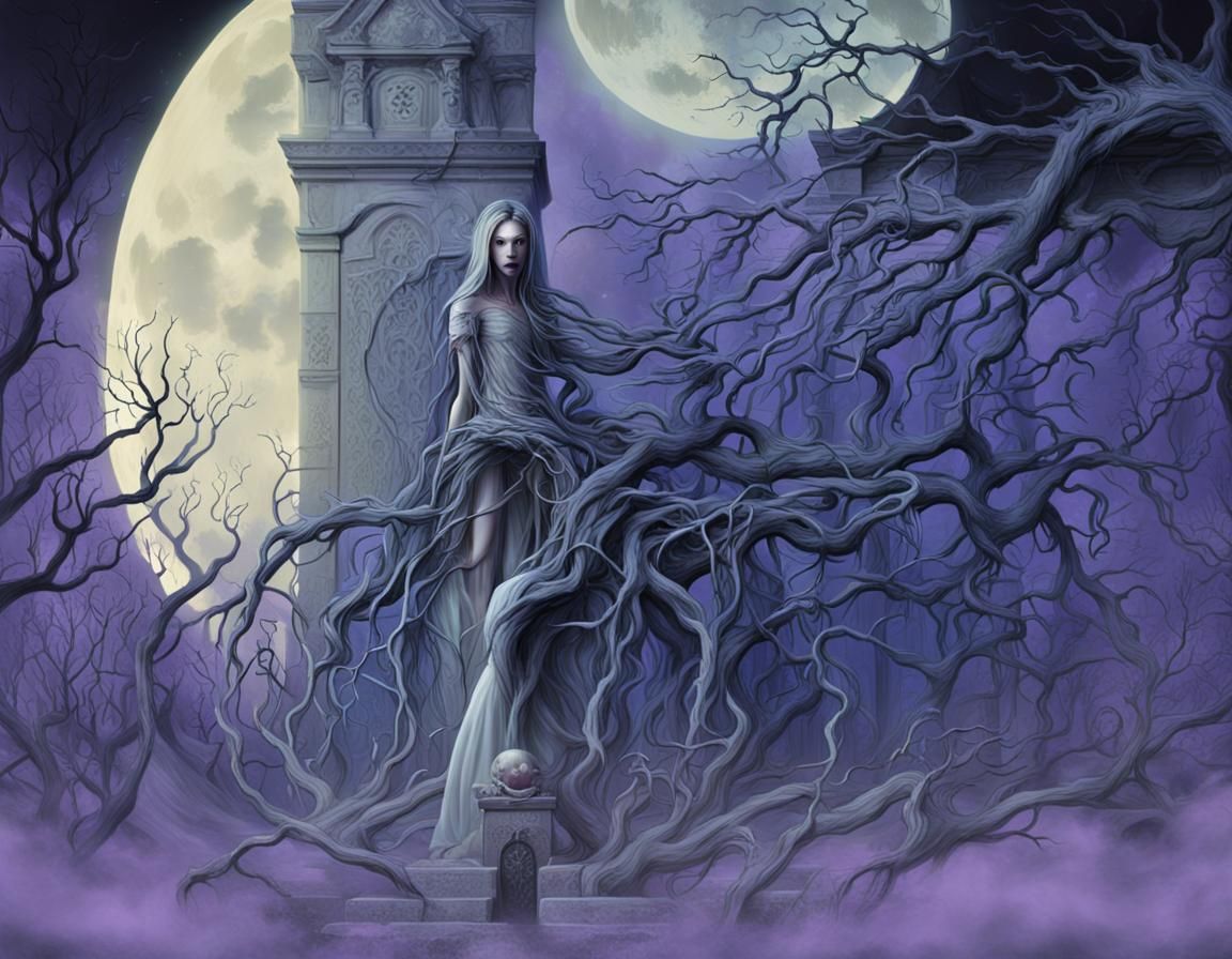 Gothic Clockwork Humanoid in Moonlit Graveyard