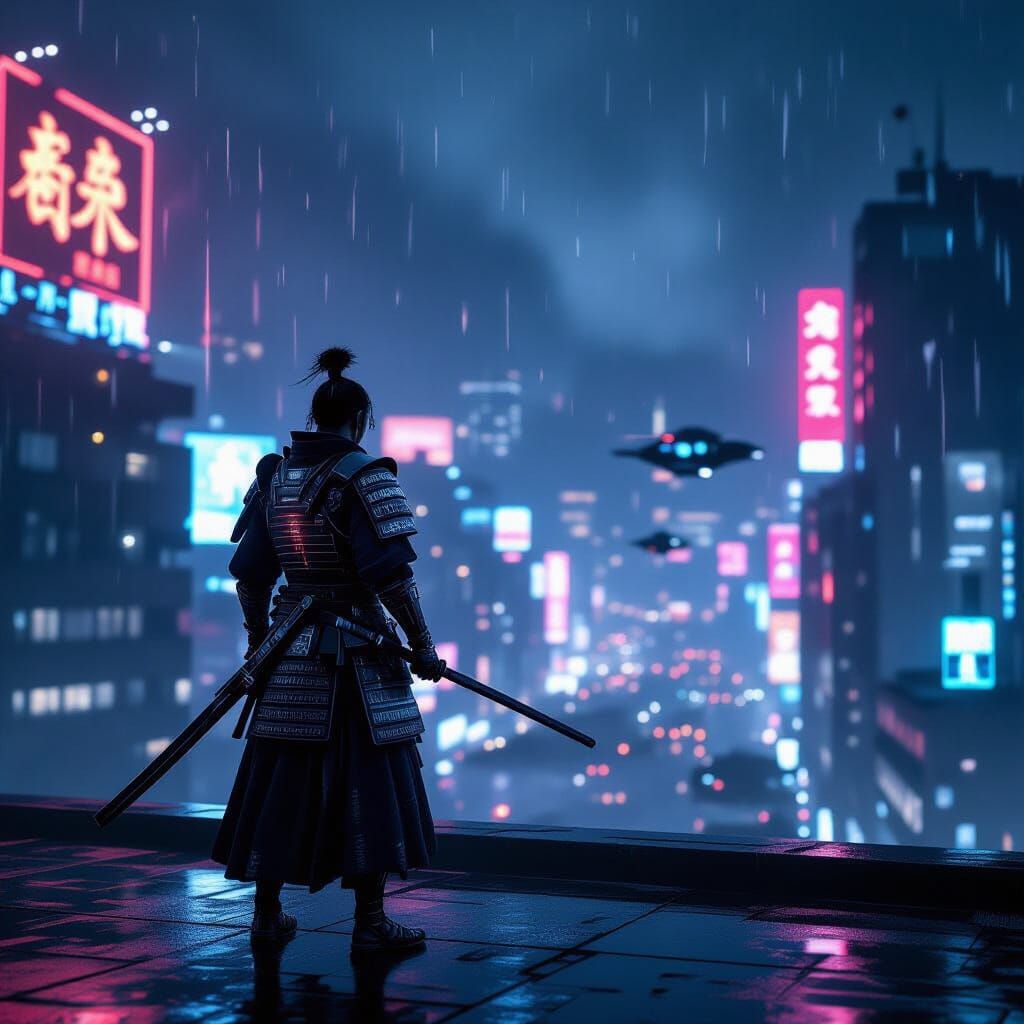 Samurai Warrior Overlooking Neon Metropolis at Midnight