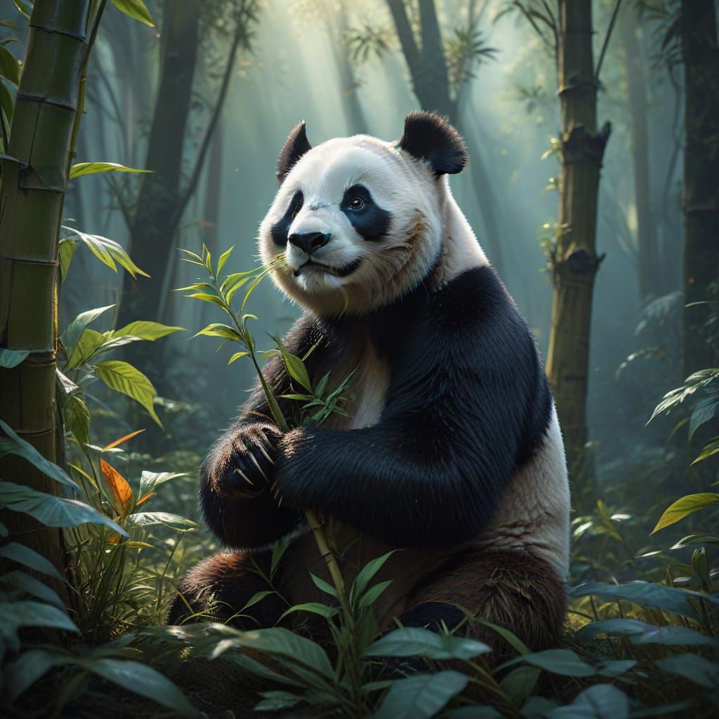 Whimsical Panda in a Vast Bamboo Wonderland