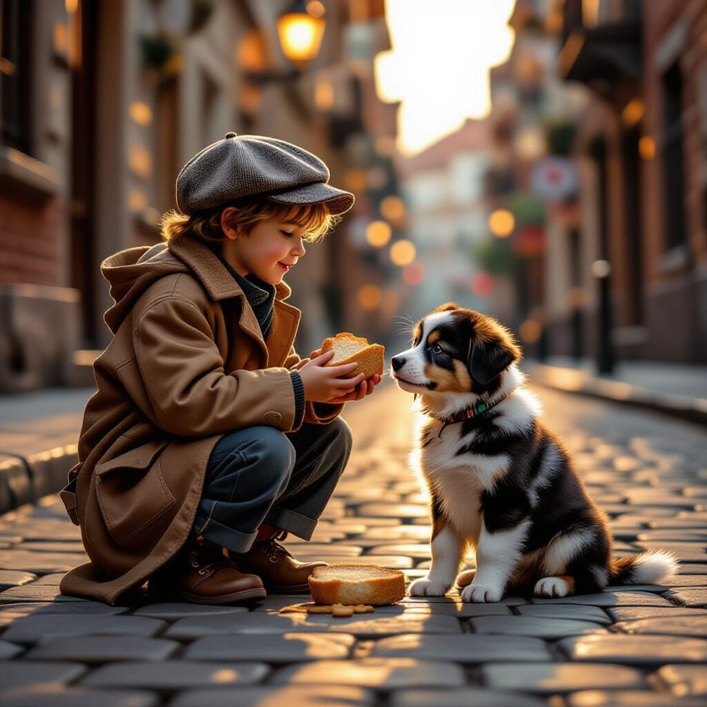 Kind Hobo Boy Shares Bread with Puppy at Sunset