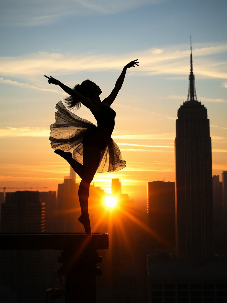 Ballet Dancer Silhouette at Sunset Over New York