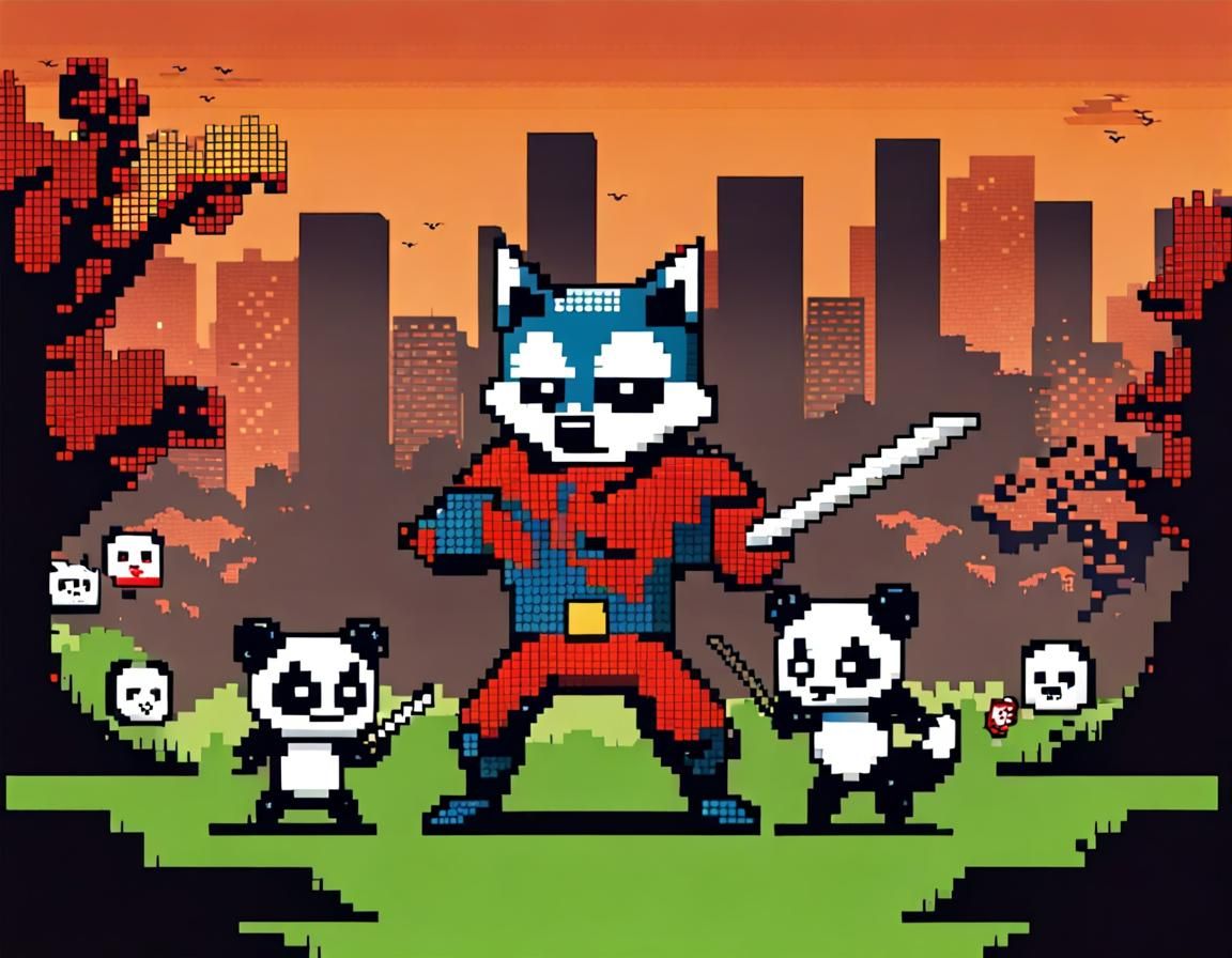Fox Superhero vs Zombie Pandas in Pixel Art