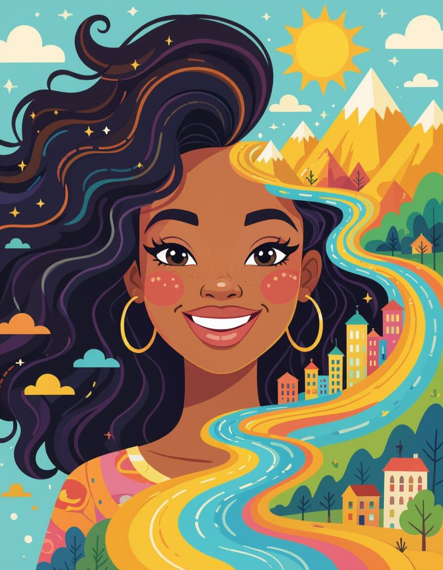 Vibrant Surreal Cartoon Portrait of a Smiling Woman