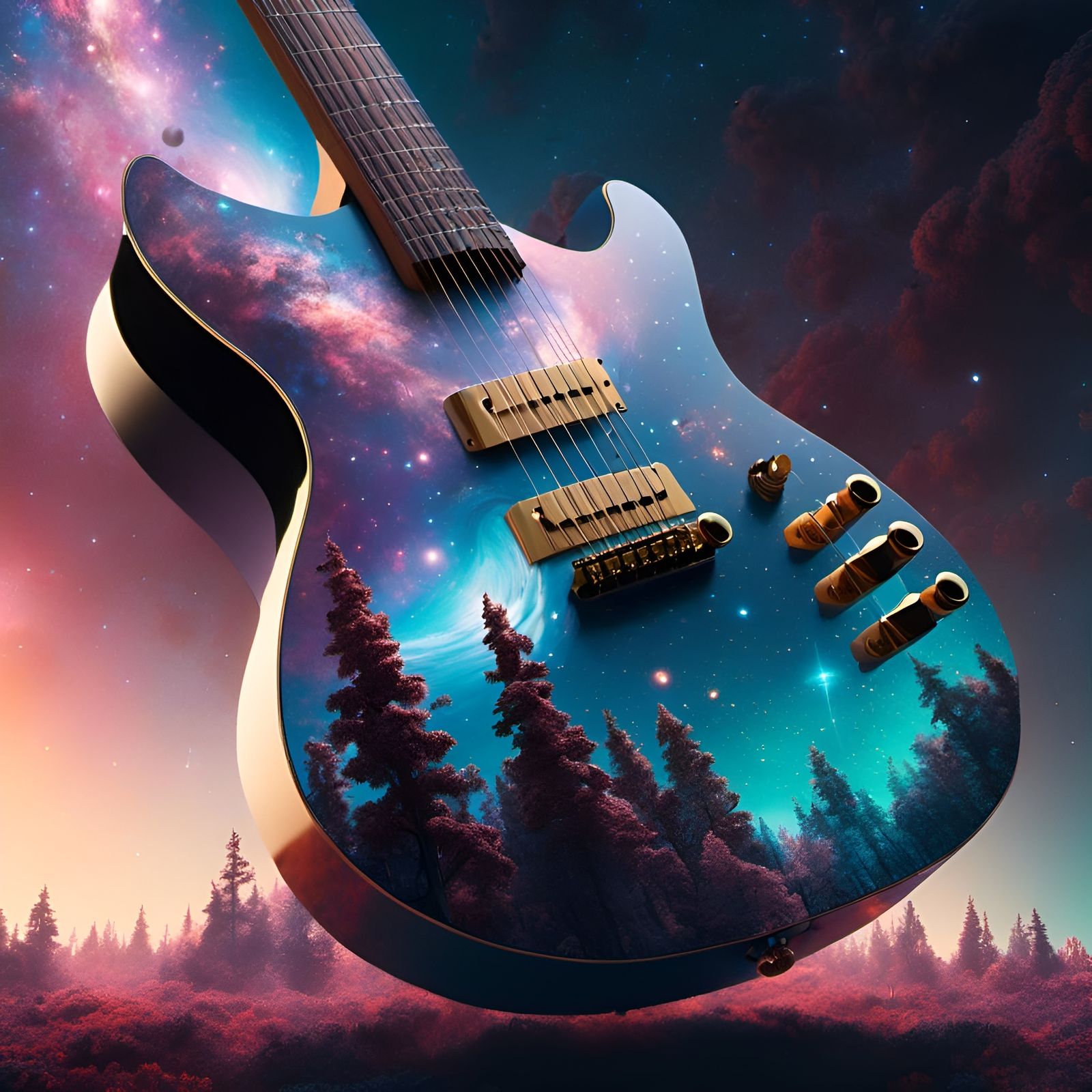 Galactic Forest Guitar: Intricate High Fantasy Artwork