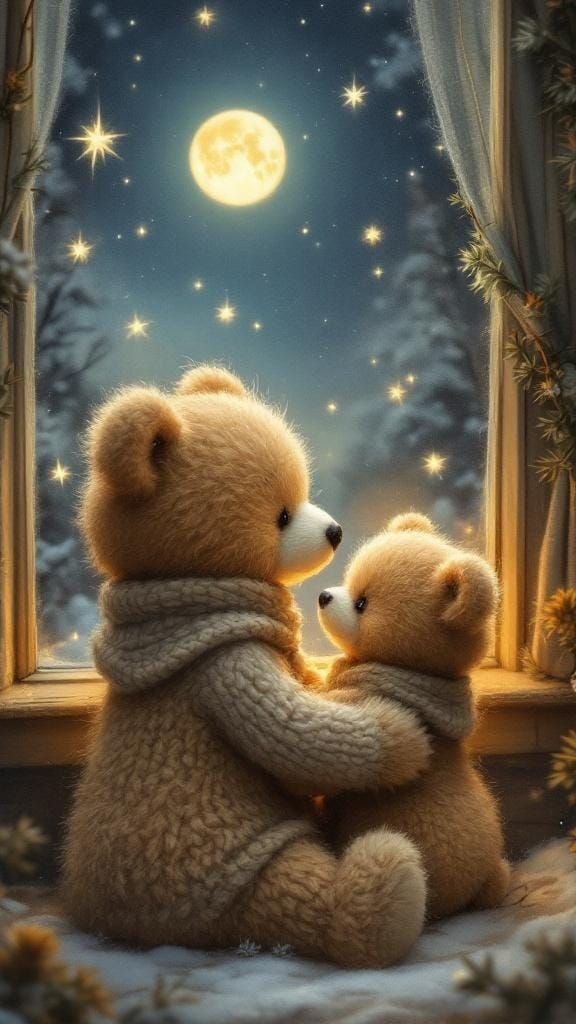 Felted Mother and Baby Bear Gaze at Starry Night