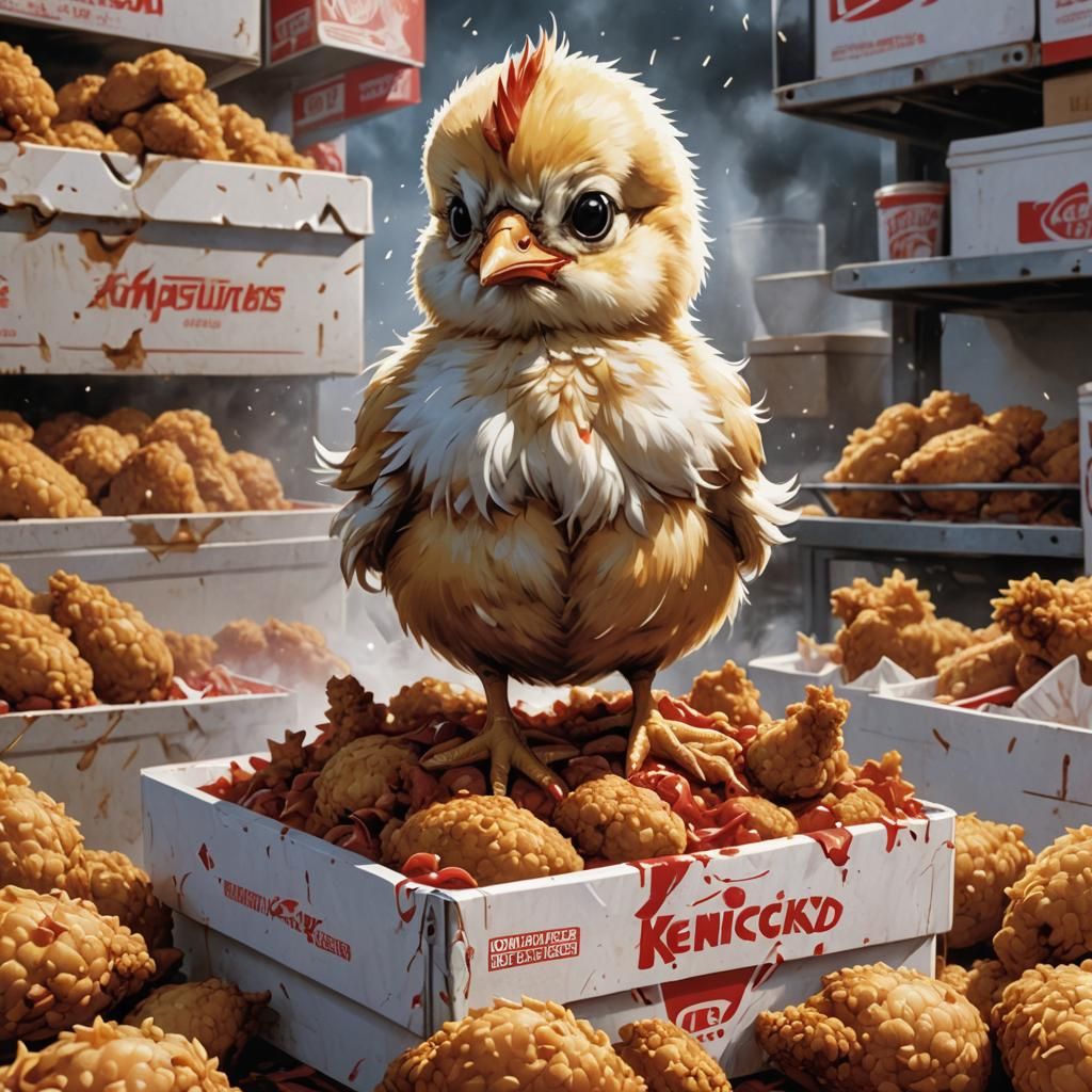 Marvel style comic picture of a small cute baby chick looking forlorn, standing on top of a steaming red and white food ...