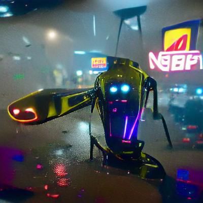 Robot Firefly in Cyberpunk Cityscape at Night