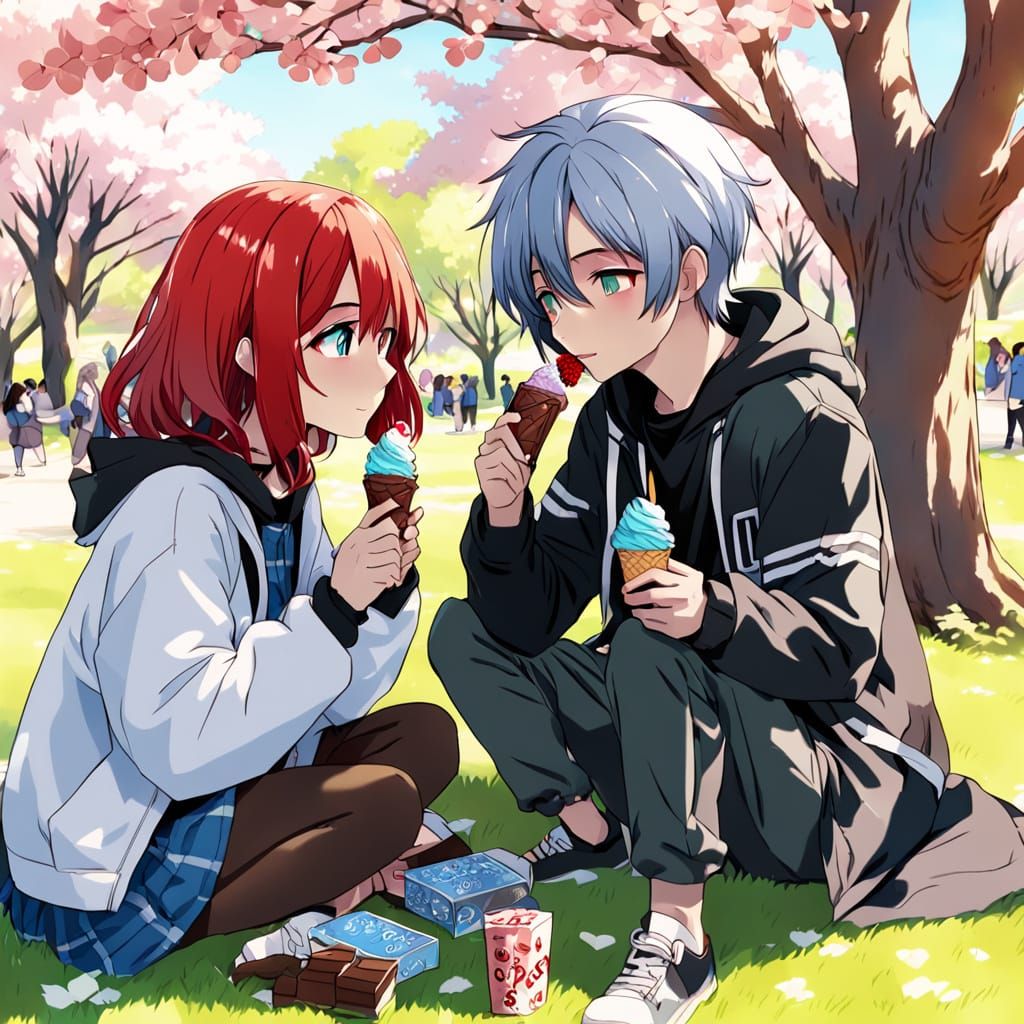 Anime Teen Girl Blushes Talking to Boyfriend Under Dogwood T...