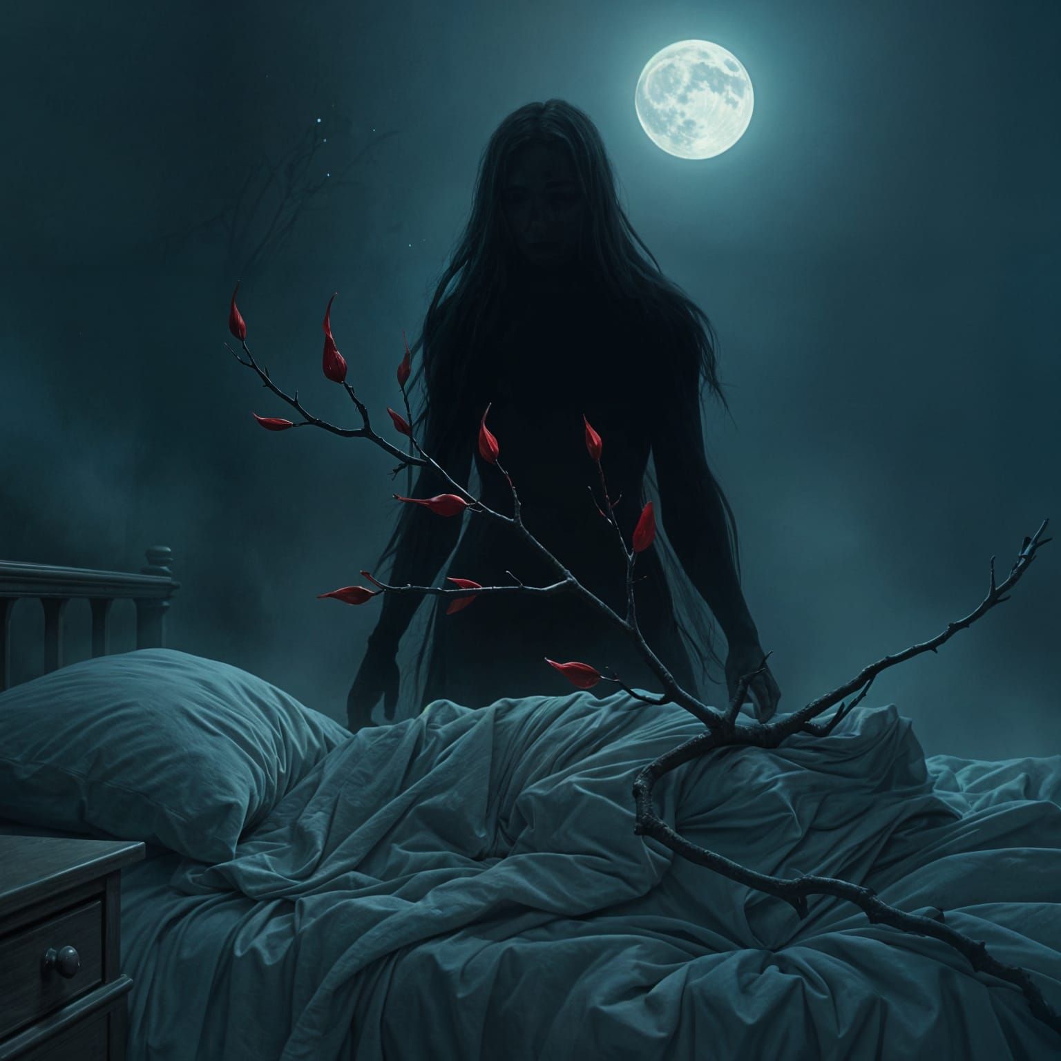 Shadowy Female Figure Haunts a Sleeping Person in a Dark and...