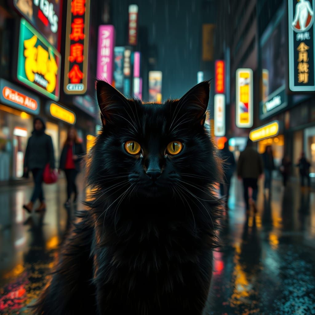 Cyberpunk Cat Confronts Rainy Cityscape