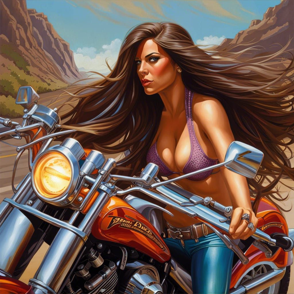 Brunette Woman Rides Harley on Highway
