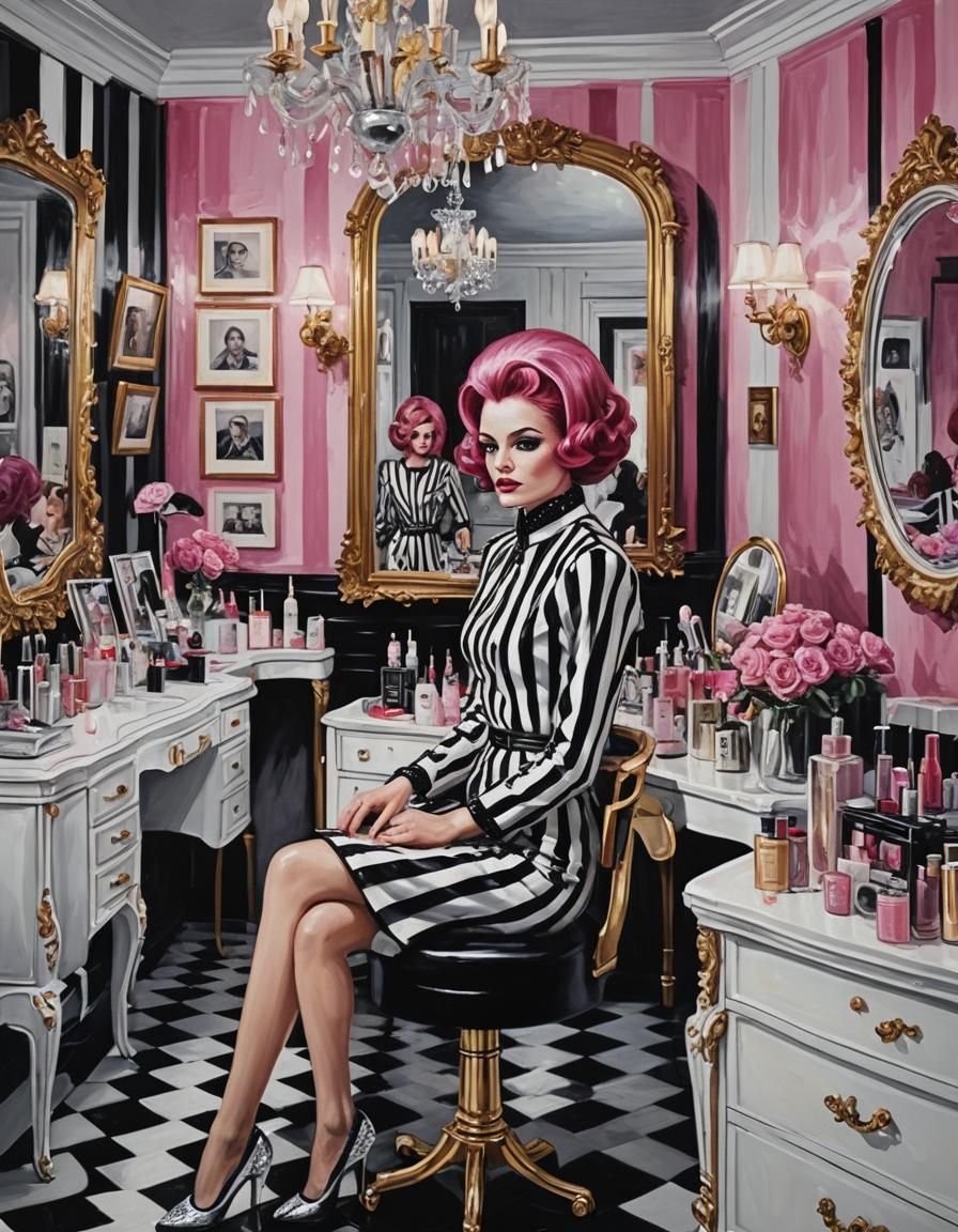 Glamorous Makeup Table in Hair Salon, Oil Painting Style