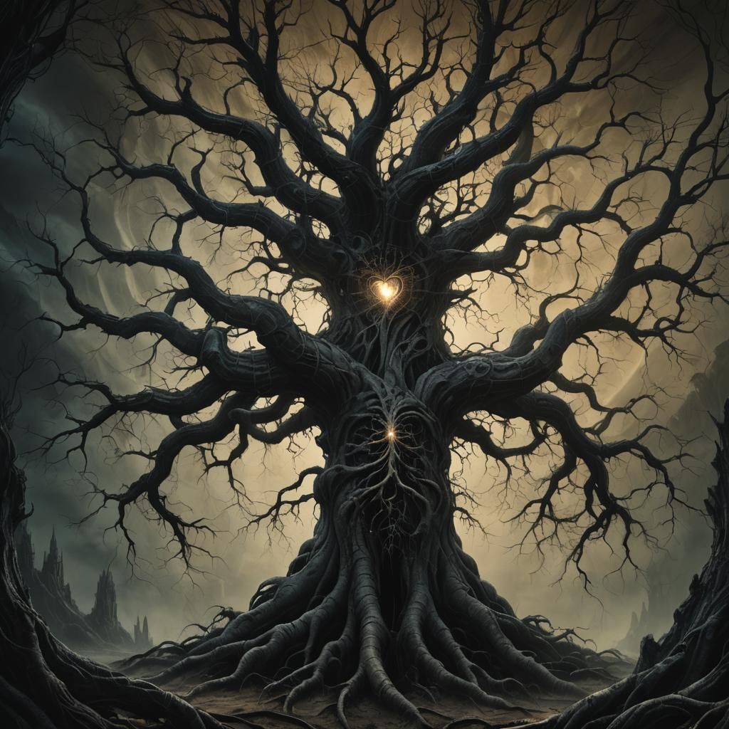 Mystical Tree Under Black Sun: Dark Fantasy Art