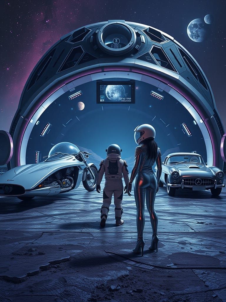 Futuristic Asteroid Garage with Sleek Spaceship