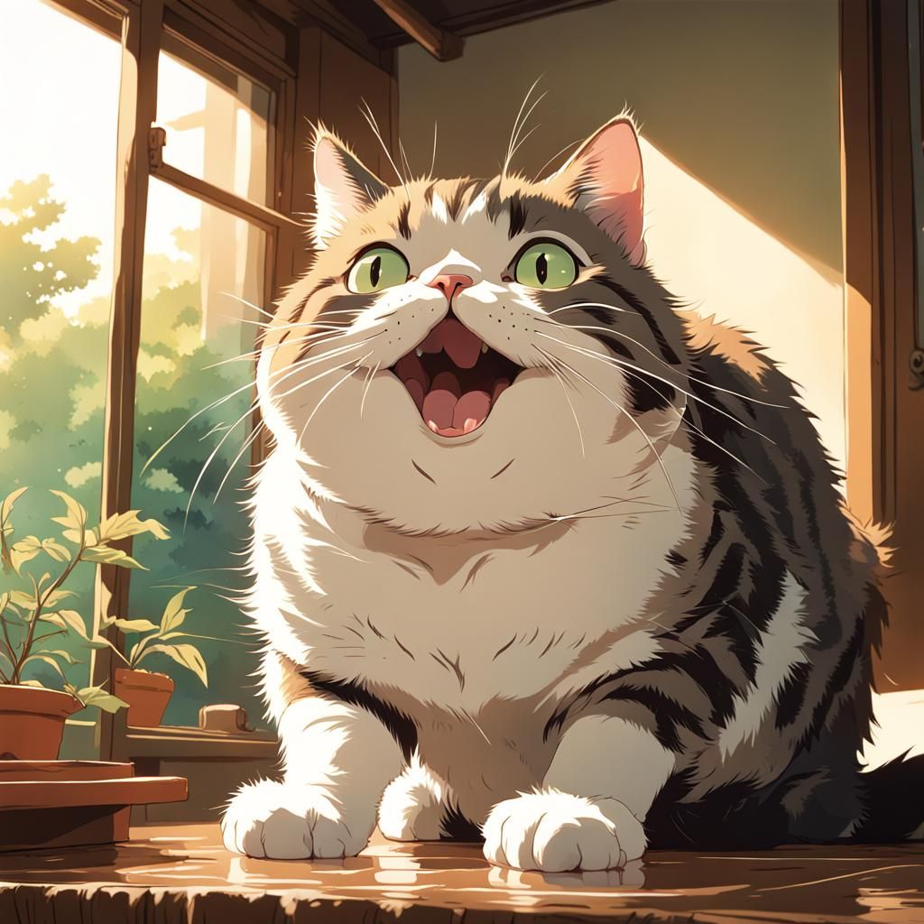 Silly Cat Licking Screen in Ghibli Anime Style