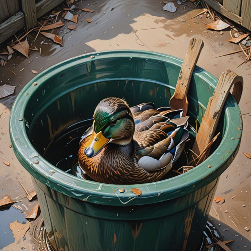 Hyperdetailed Metaphysical Painting of duck hiding in a buck...