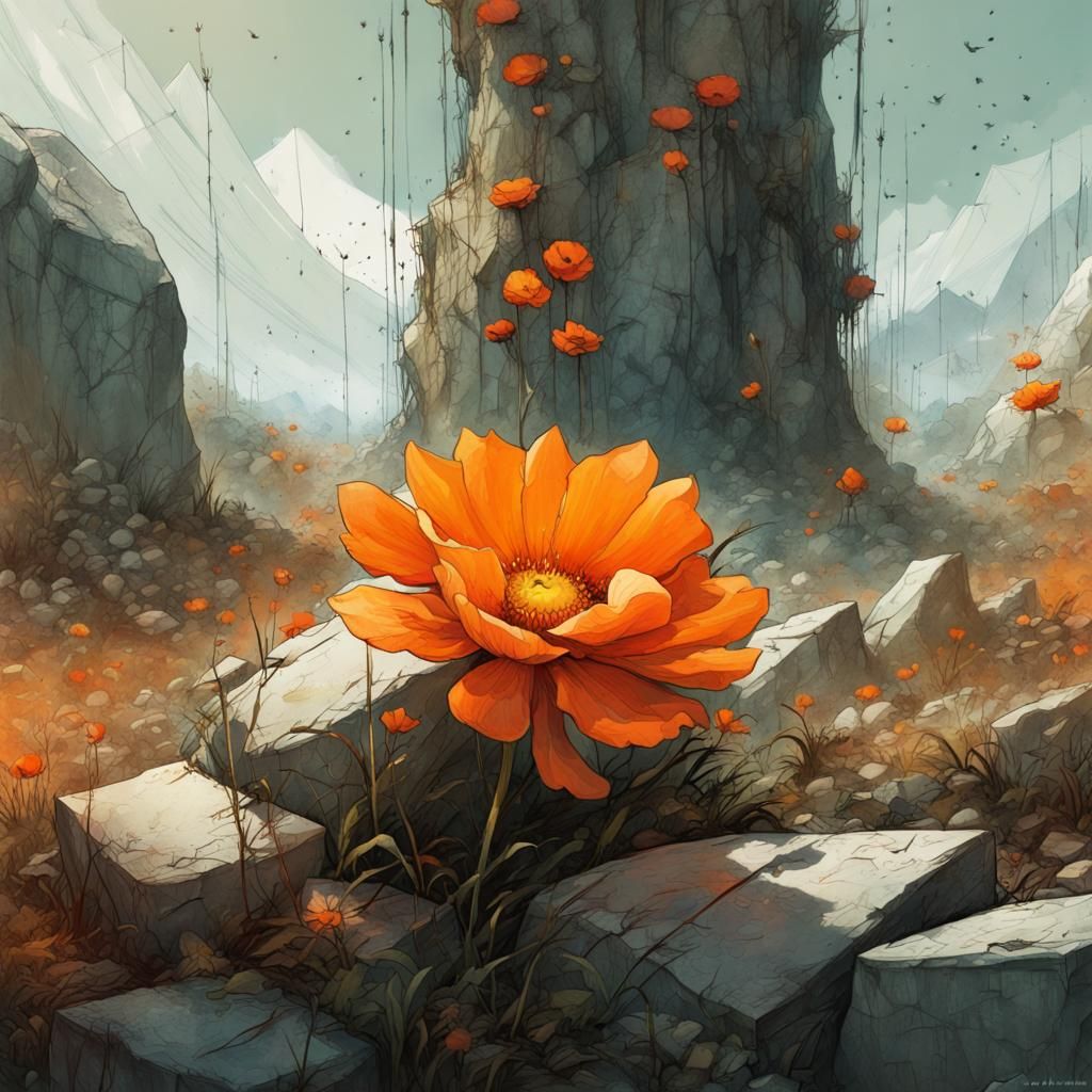 Orange Flower Between Stones in Watercolor Style