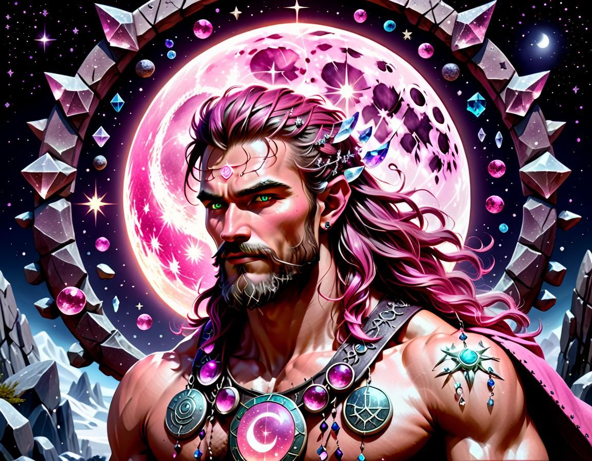 Mystical Druid Surrounded by Moon, Sun and Stars
