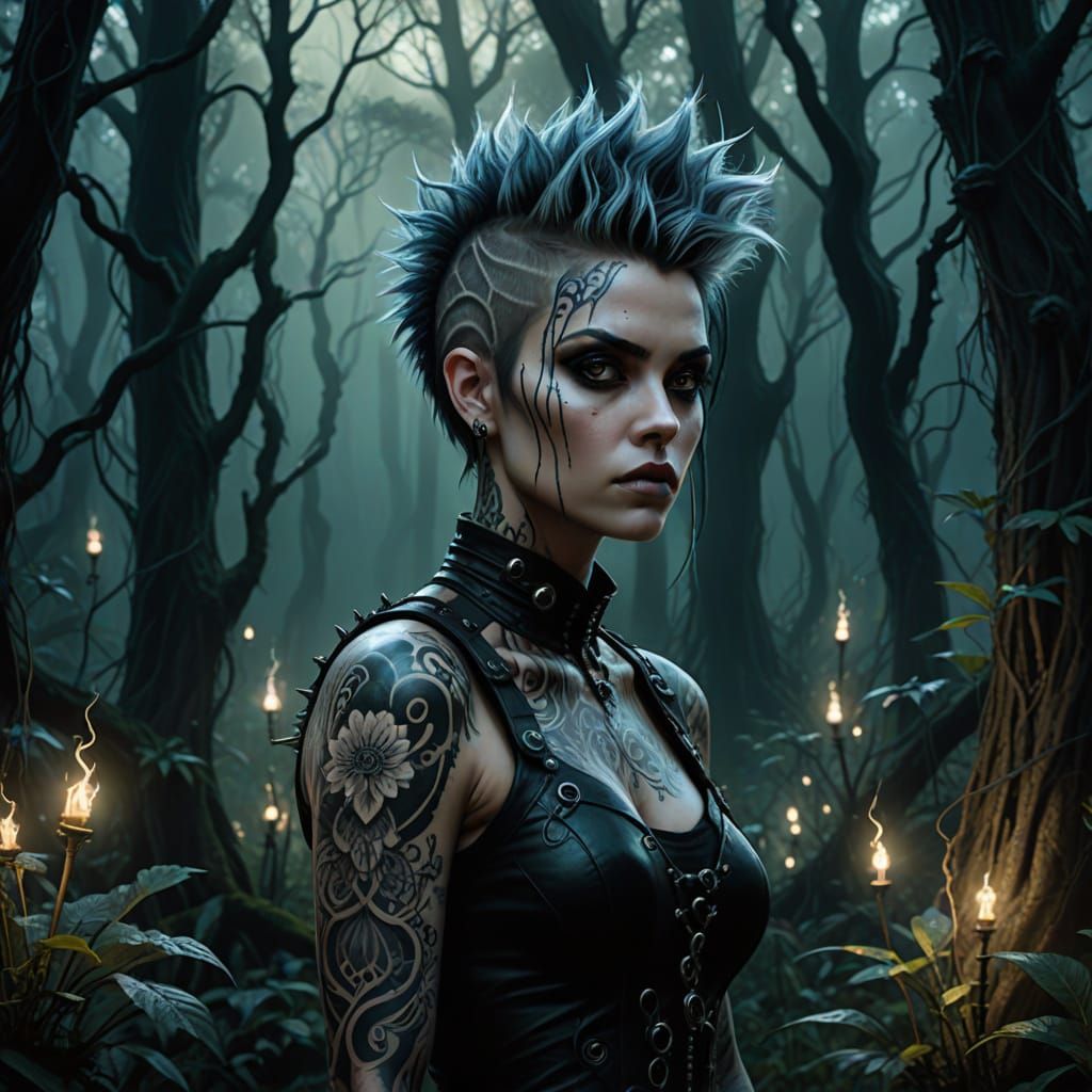 Gothic Punk Girl in Bioluminescent Forest