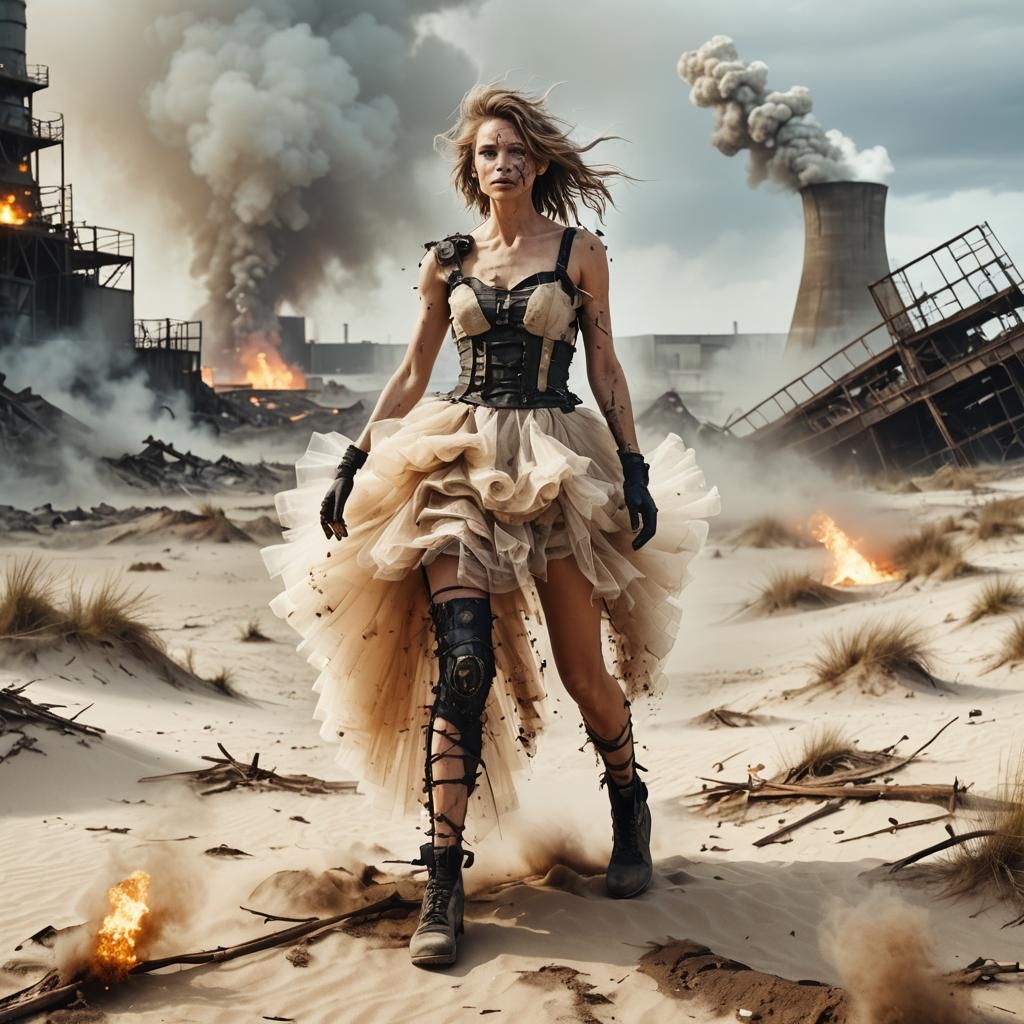 Ethereal Post-Apocalyptic Woman in Wasteland Dunes