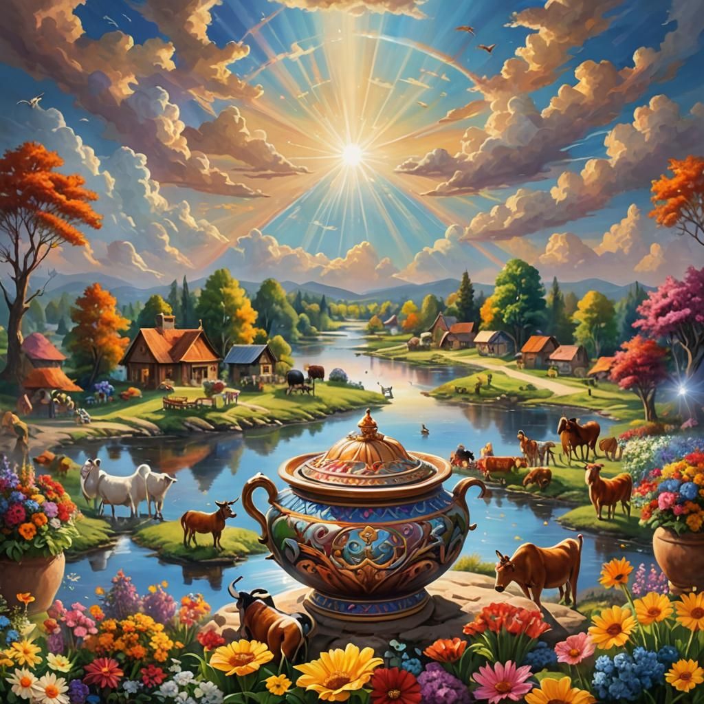 Colorful Crown in Sky Over Village Scene