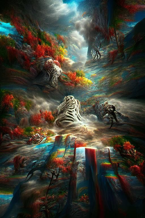 Red Tigers in Surreal Mountain Landscape