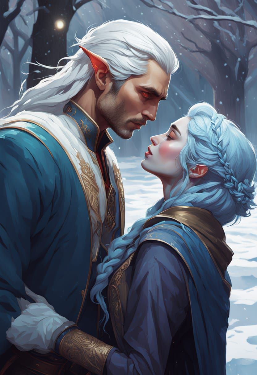 Fairytale Kiss in Winter Snow, Digital Art