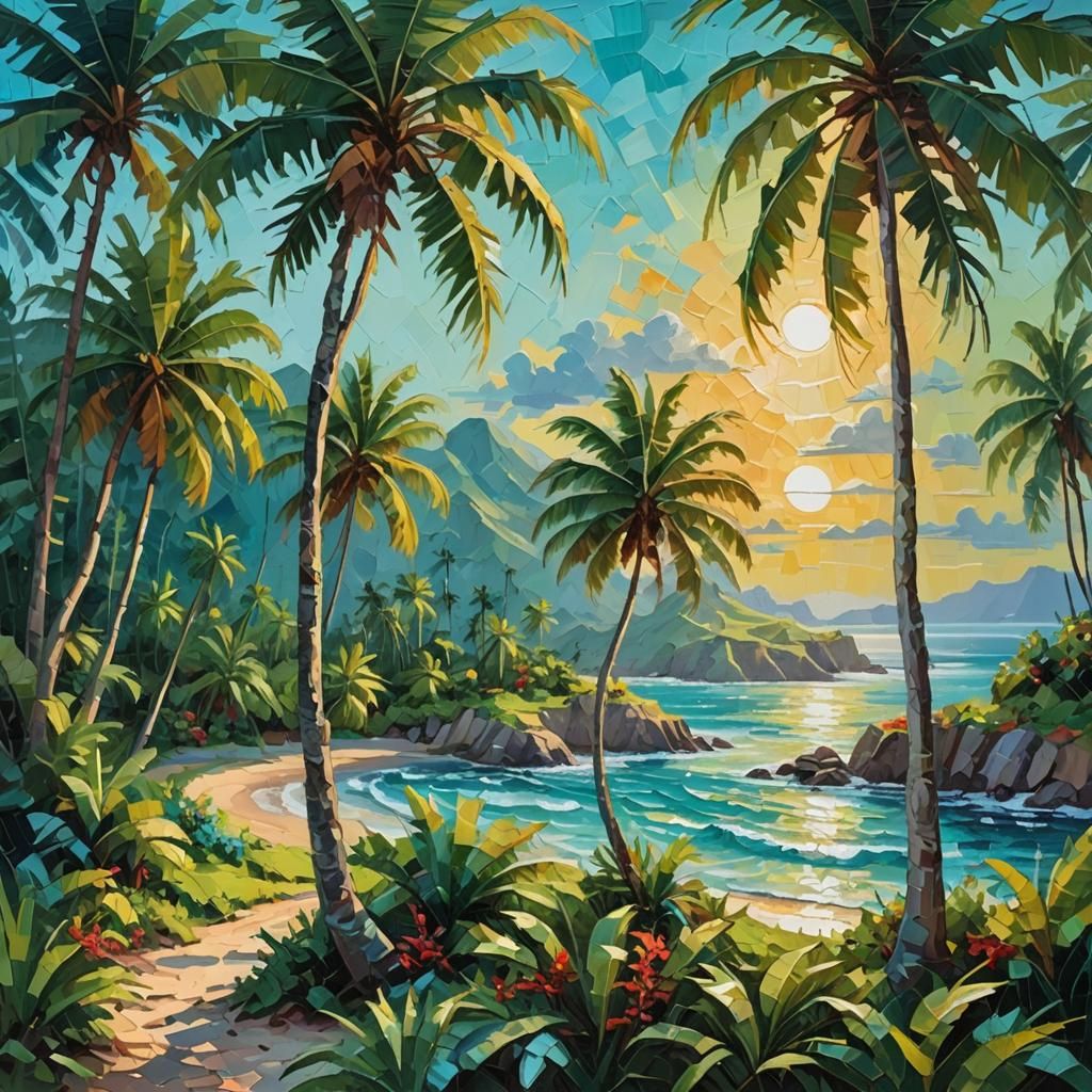 Vibrant Tropical Island Landscape in Impasto Style