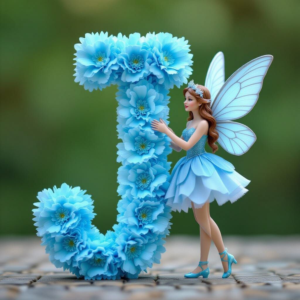 Light Blue Fairy Beside Carnation Letter J