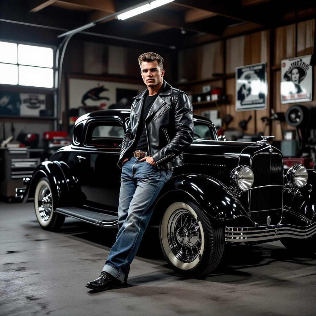 Greaser with Hot Rod in Classic Black and White Style