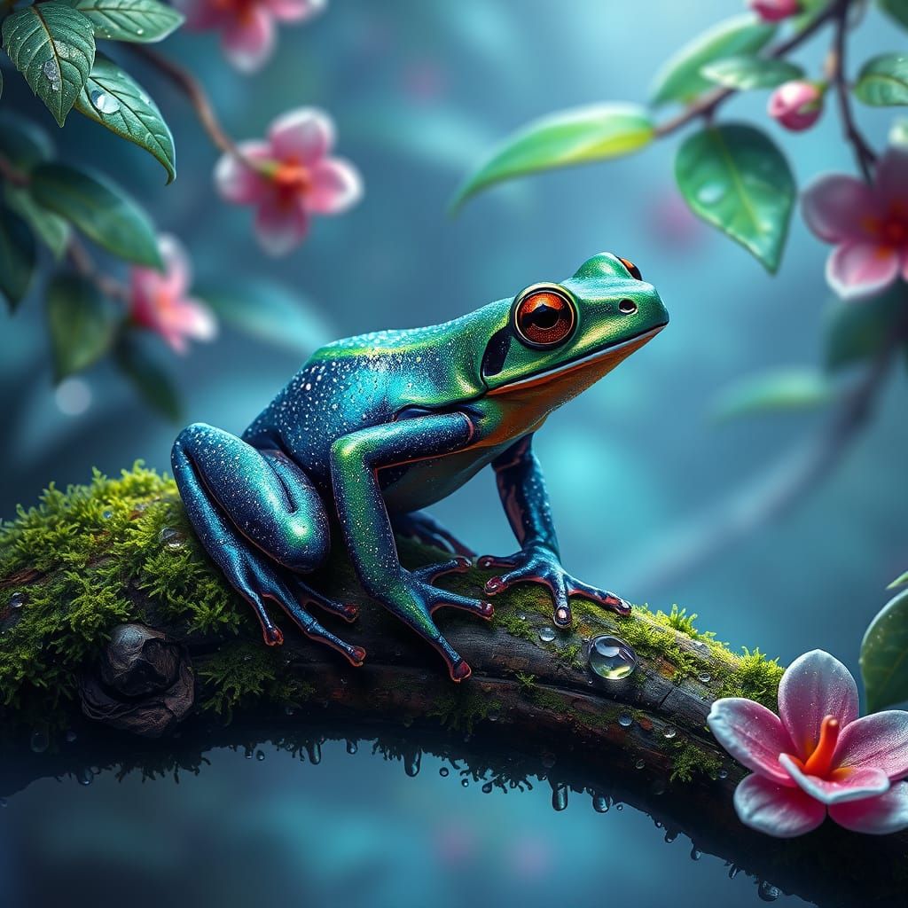 Iridescent Poison Dart Frog in Whimsical Fantasy Realm