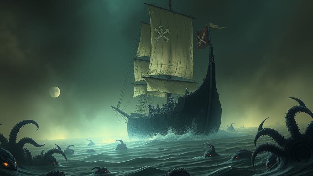 Ghost Ship Sailing Through Foggy Sea