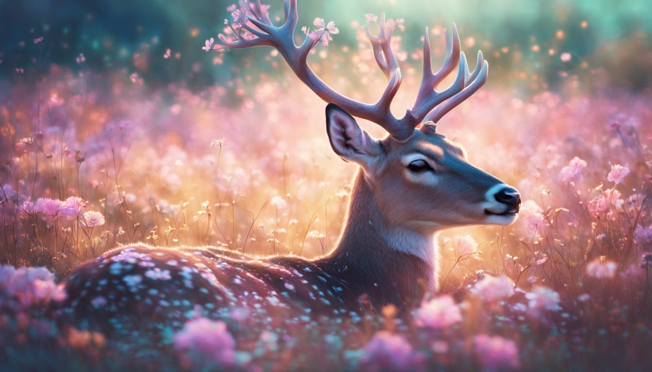 Dreamlike Deer Asleep in Bioluminescent Meadow