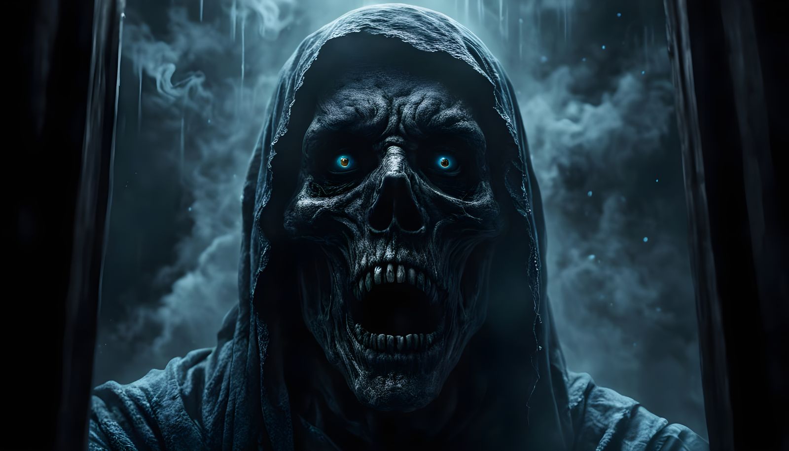 Hyper-Realistic Ghost Figure Emerge from Dark Mist in Mirror