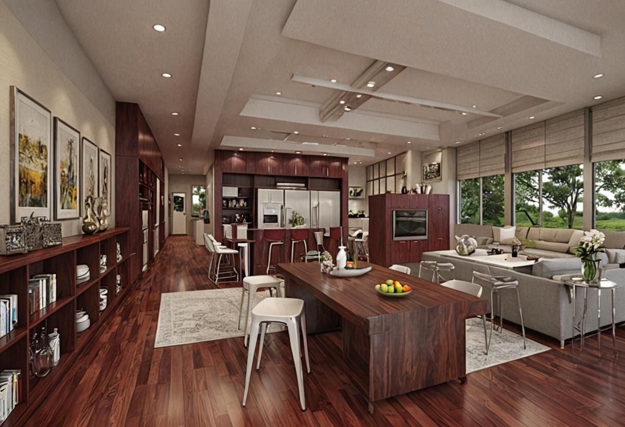 Photorealistic Open-Plan Living Space with Rich Accents