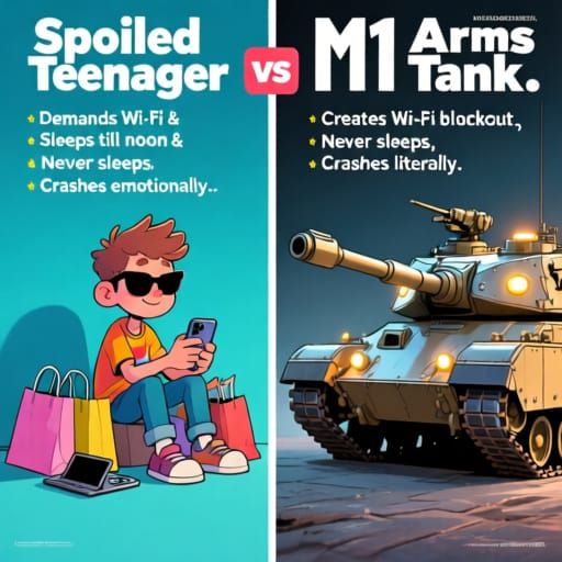 Spoiled Teenager vs M1 Abrams Tank Humor Poster