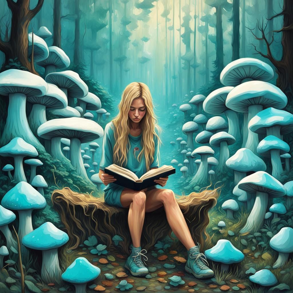 Girl Reading Book in Mushroom Field: Graffiti Art