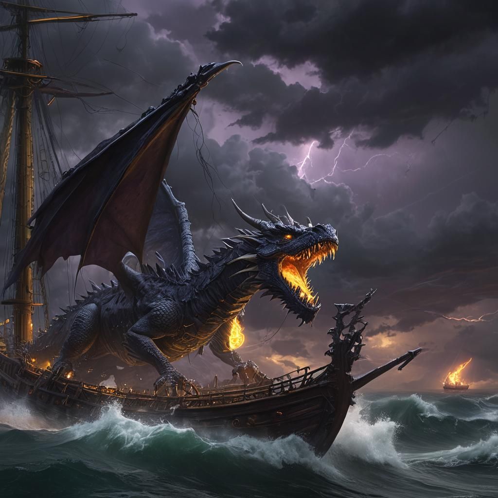 Dragon Attacks Ship in Stormy Seas