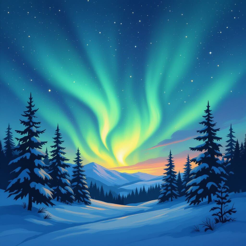 Aurora Borealis Over Pines in Whimsical Style