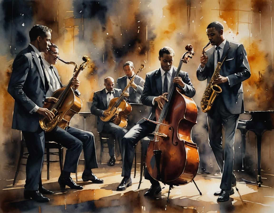 Jazz Trio in Dimly Lit Club, Watercolor Style