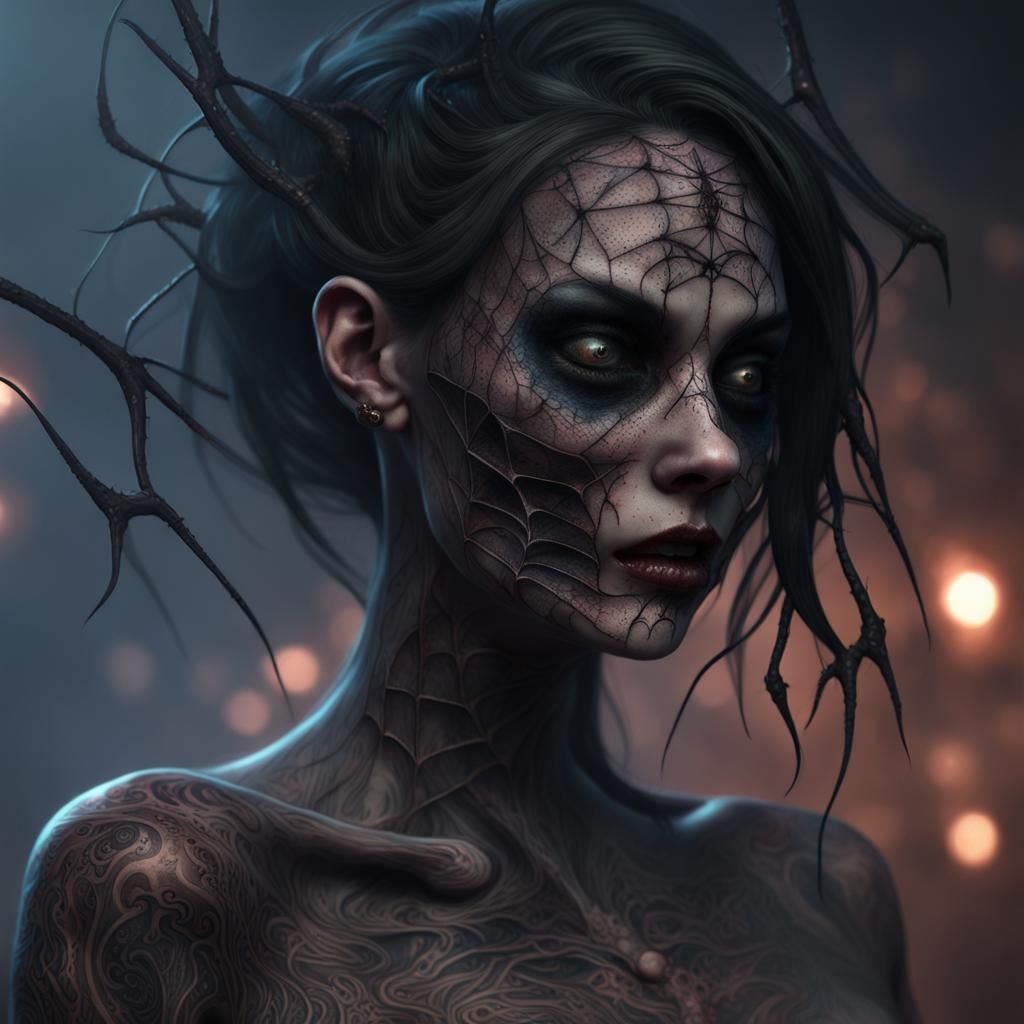 Eerie Ghoul with Spider Tattoos in Surrealist Art