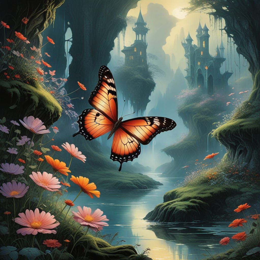 Iridescent Butterfly Takes Flight in Dreamscape