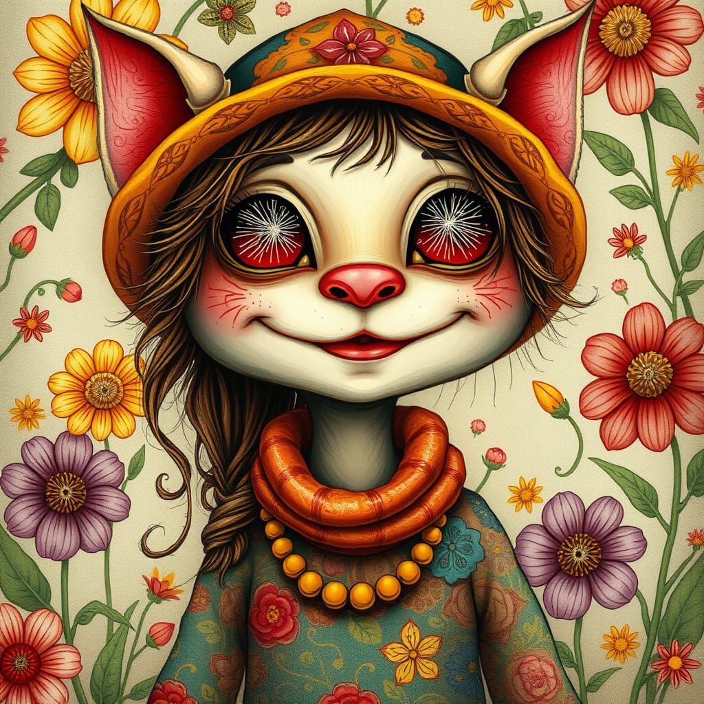 Whimsical Creature in Floral Setting, Fairy-Tale Art