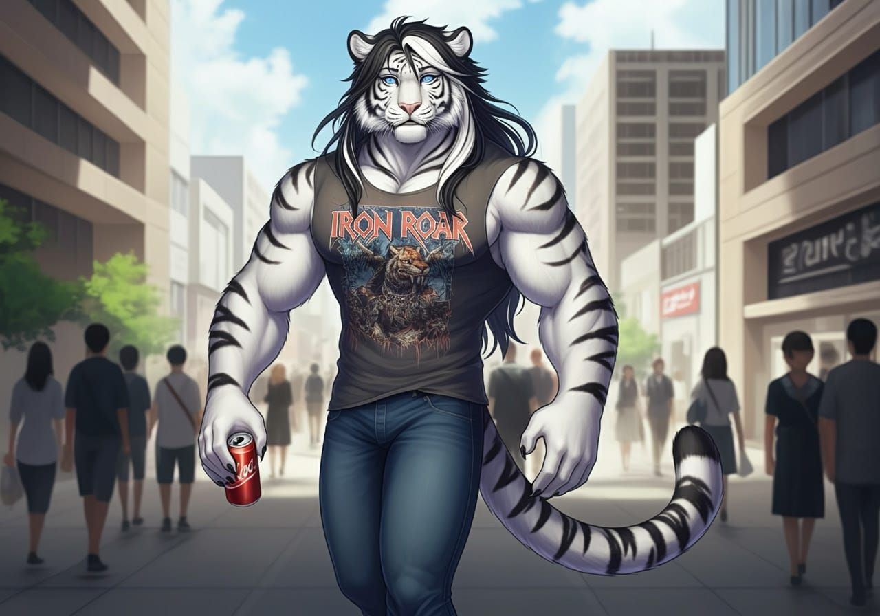 Anthropomorphic Tiger-Human Hybrid in Cyberpunk Aesthetic
