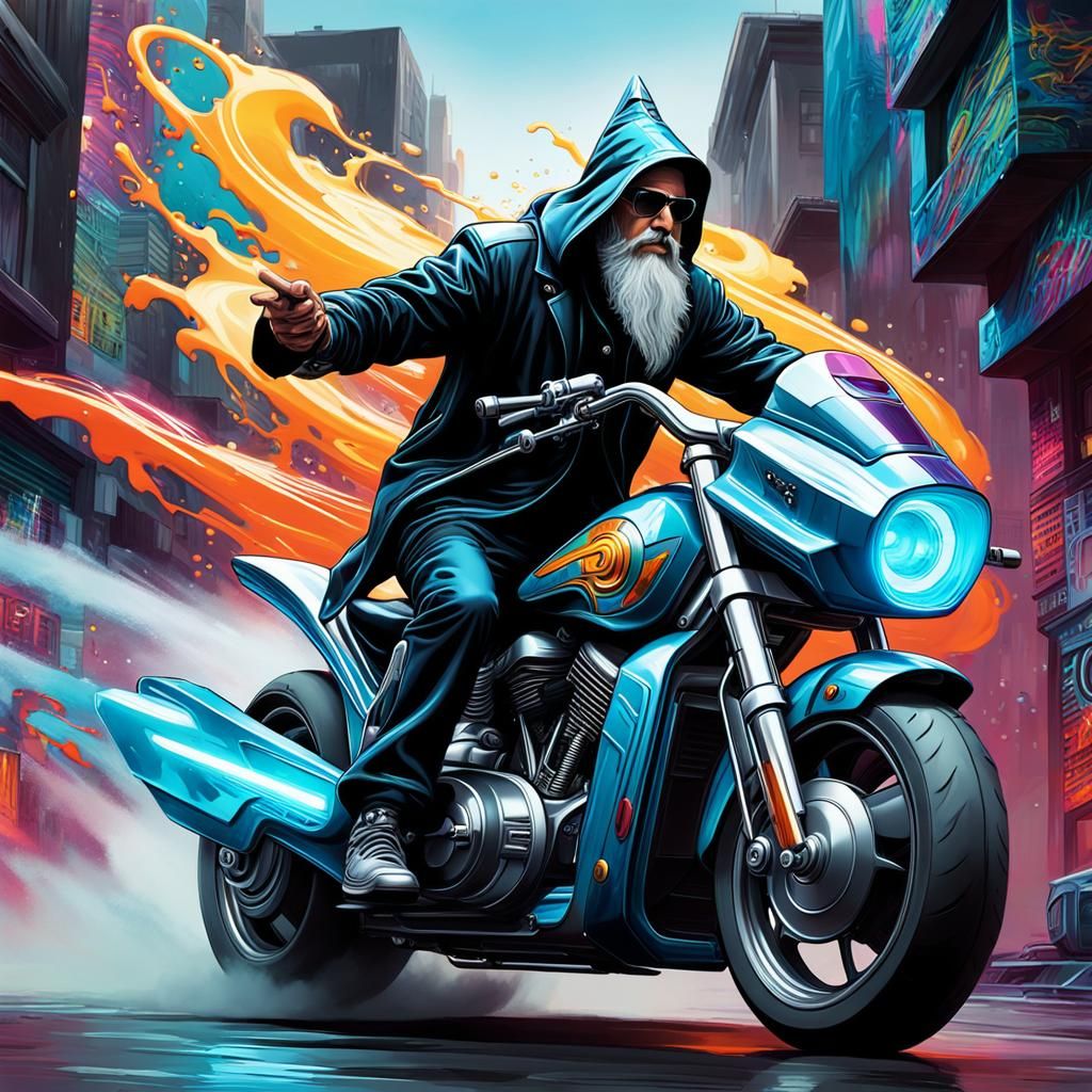 Wizard on Motorcycle in Graffiti Street Art Style