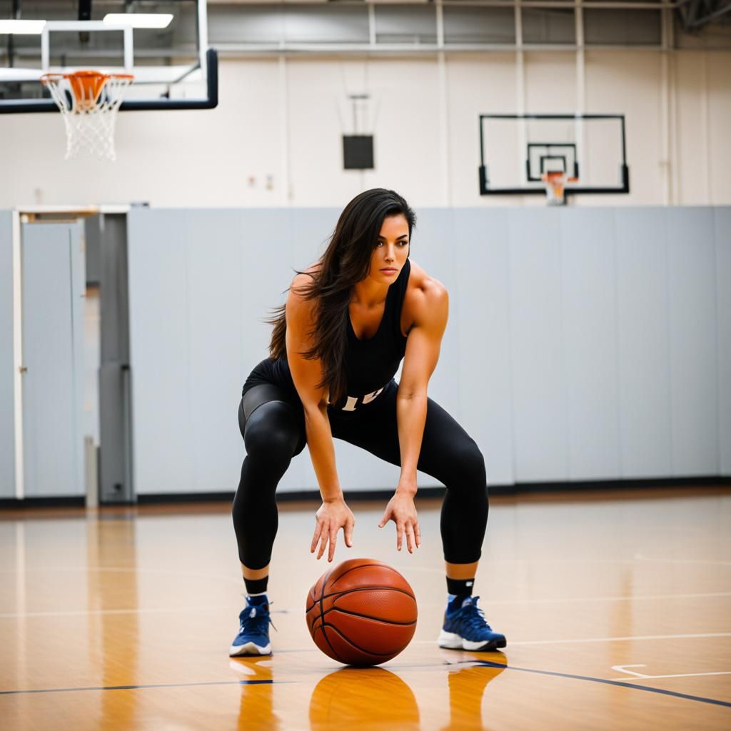 Brunette Woman Dribbling Basketball in Gym