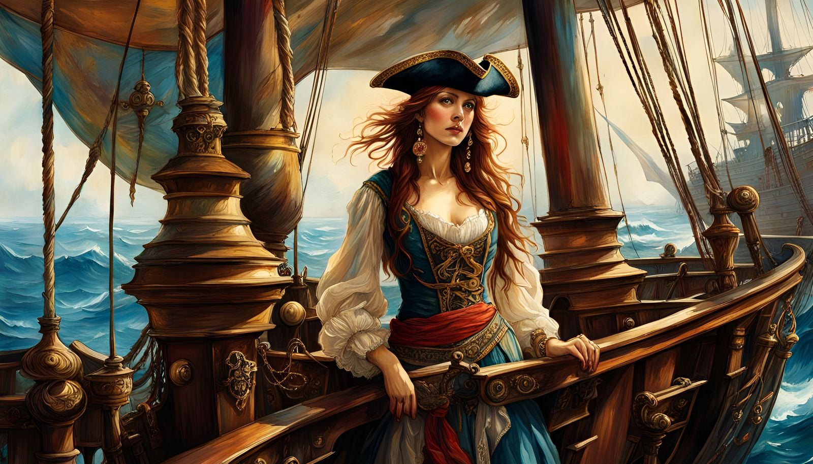 Lady Pirate on Ship in Renaissance Style
